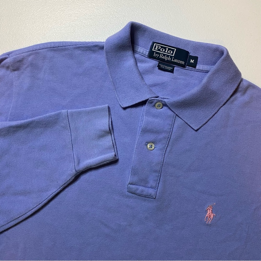🏇Polo Ralph Lauren Long Sleeve Polo Blue Pink Logo 100% Cotton Men’s Size Med